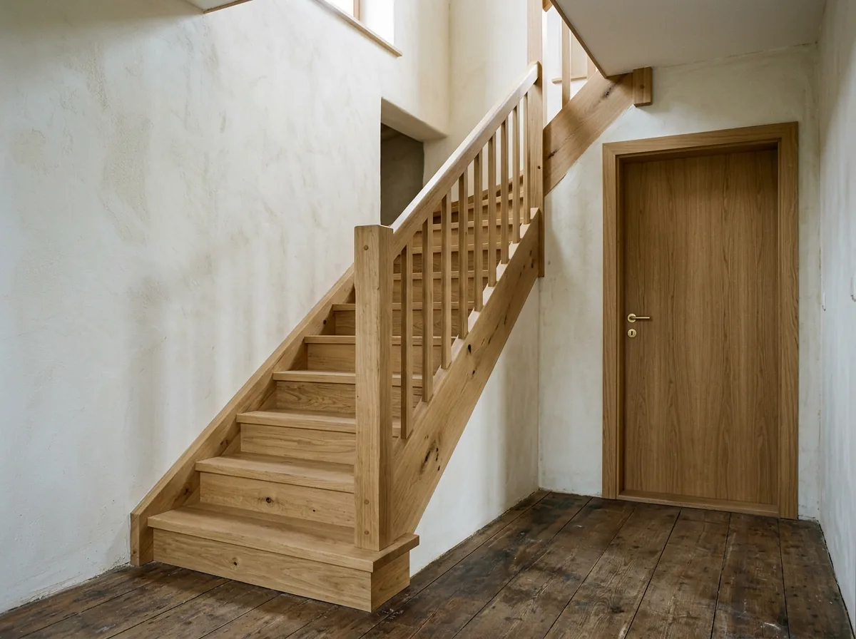 Neue Massivholztreppe mit passender Innentür in einem Altbau