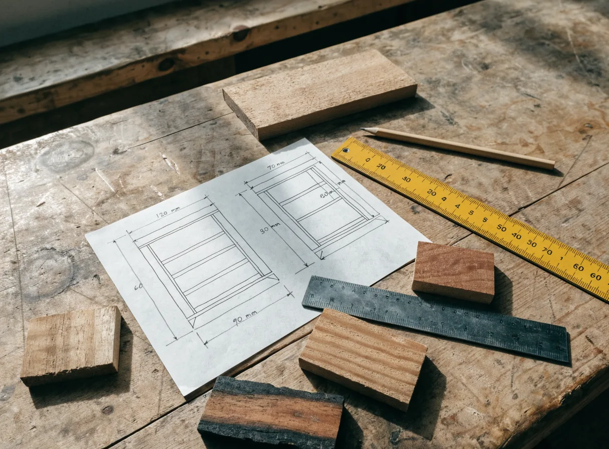 Handgezeichnete Konstruktionsskizze mit Maßen, Zollstock und Holzmustern auf der Werkbank