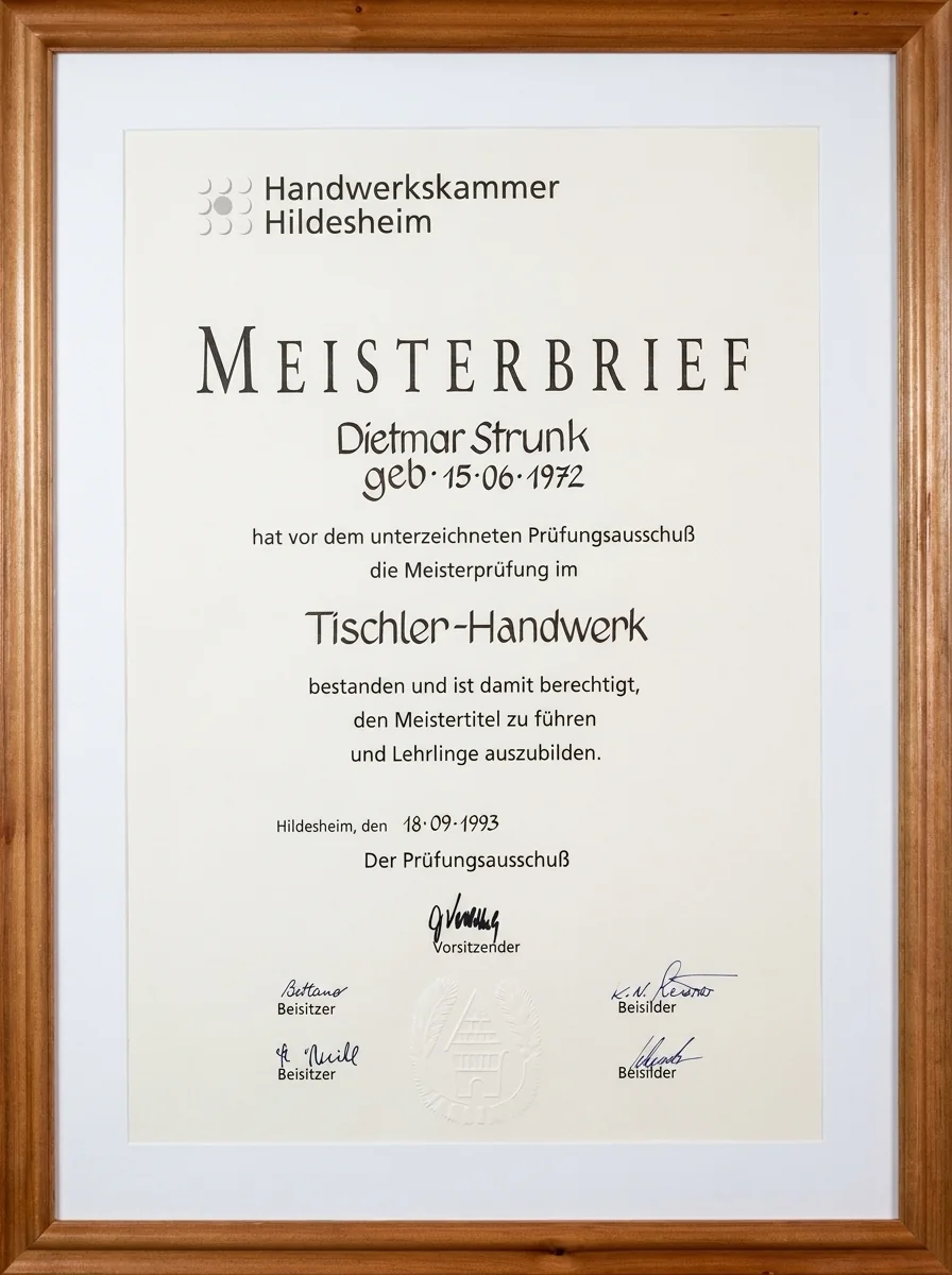 Gerahmter Meisterbrief der Handwerkskammer Hildesheim